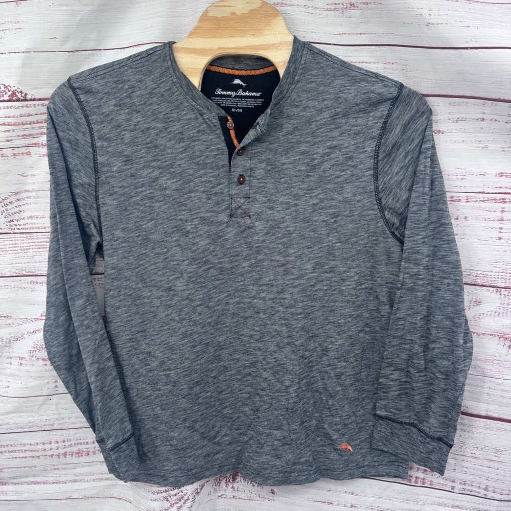 Tommy Bahama Henley Shirt Mens XL Long Sleeve Gray Heathered‎ Cotton Blend